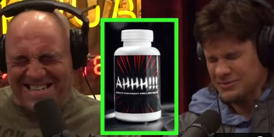 Joe Rogan and Theo Von reacting intensely to Jujimufu's Ahhh!!! World's Strongest Smelling Salts during a podcast episode.