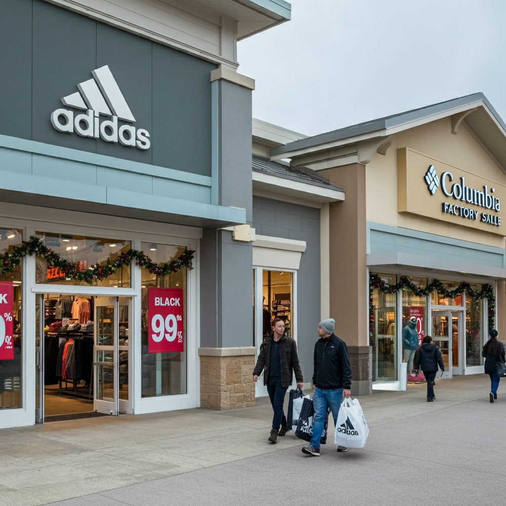 Shoppers outside Adidas and Columbia Factory Outlet stores at Potomac Mills Mall during Black Friday sales with festive holiday decorations.
