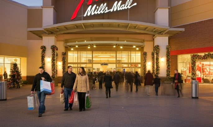 Shoppers at Arundel Mills Mall during Black Friday, carrying shopping bags outside the mall entrance adorned with festive holiday decorations.