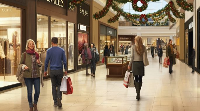 Interior of Arundel Mills Mall during the holiday season with shoppers walking past stores like Zales and Polo Ralph Lauren under festive decorations.