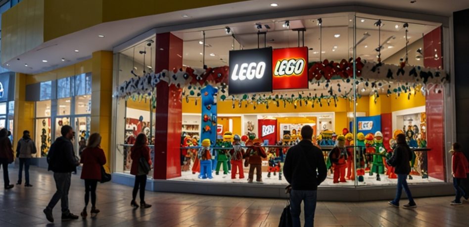 LEGO Store at Arundel Mills Mall showcasing a festive holiday display with shoppers admiring colorful LEGO creations.