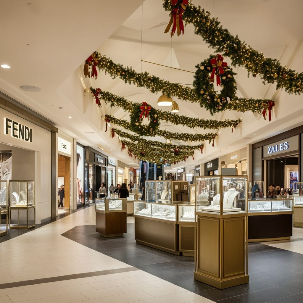 Luxury section of Potomac Mills Mall during Black Friday, featuring high-end stores like Fendi and Zales, with elegant holiday decorations and jewelry displays.