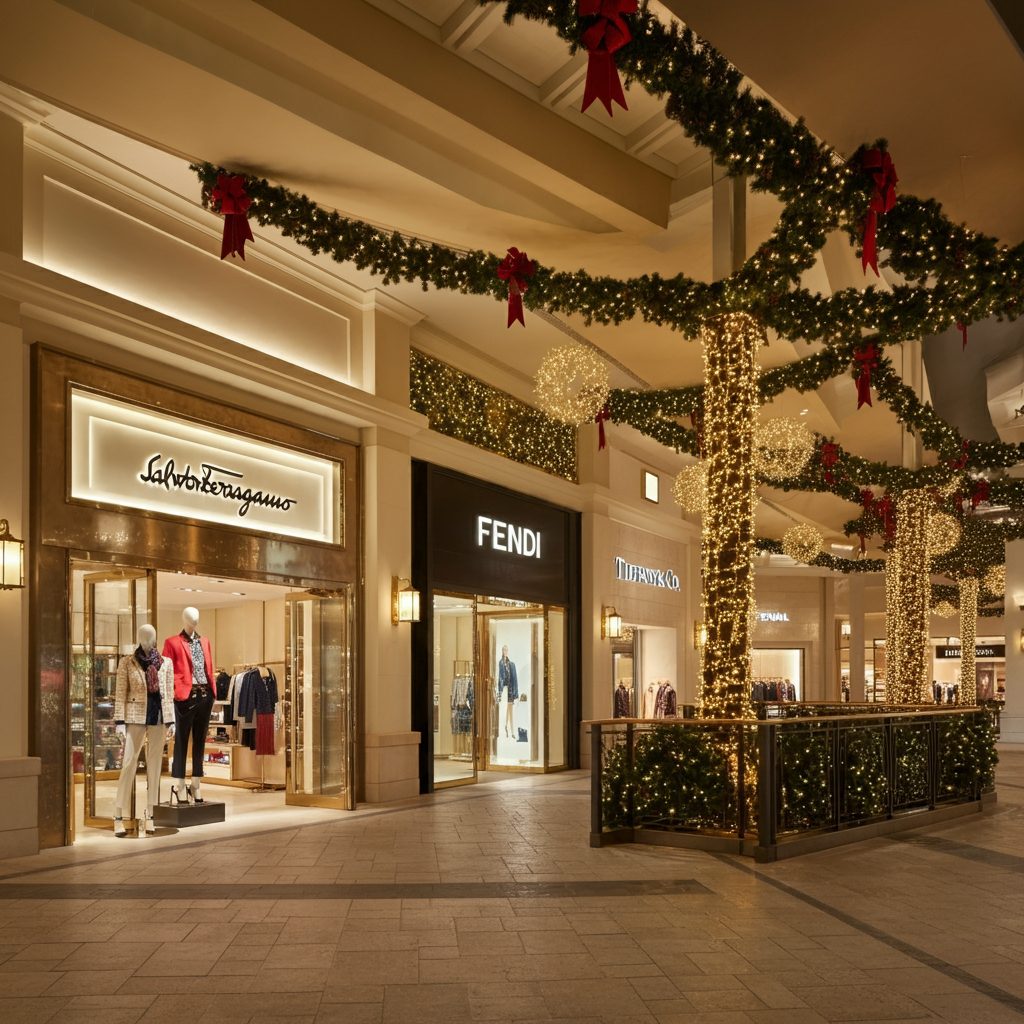 Luxury shopping corridor at Sawgrass Mills with Salvatore Ferragamo, Fendi, and Tiffany & Co. storefronts adorned with holiday decorations and sparkling lights.