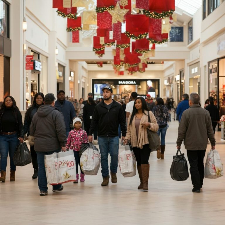 Shoppers walking through Potomac Mills Mall during Black Friday, carrying bags filled with purchases, with festive red and gold holiday decorations hanging from the ceiling.