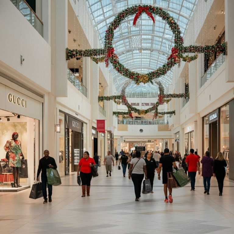 Shoppers at Sawgrass Mills mall during Black Friday, passing by Gucci storefronts adorned with festive holiday wreaths and lights.
