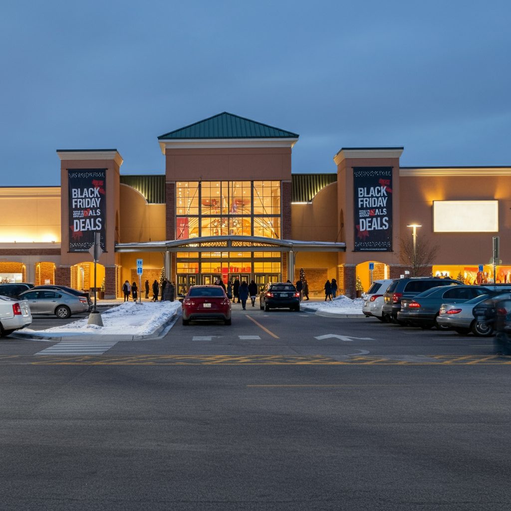 Exterior view of Woodfield Mall during Black Friday evening with banners advertising deals and a snow-covered parking lot.