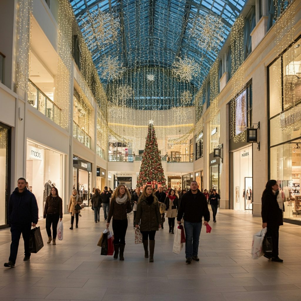 Shoppers walking through a brightly lit mall with a Christmas tree centerpiece and holiday decorations.